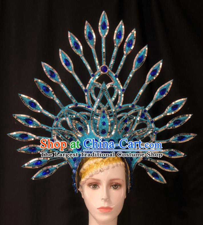 Handmade Rio Carnival Blue Royal Crown Cosplay Queen Deluxe Hair Accessories Halloween Stage Show Hat Brazil Parade Giant Headdress