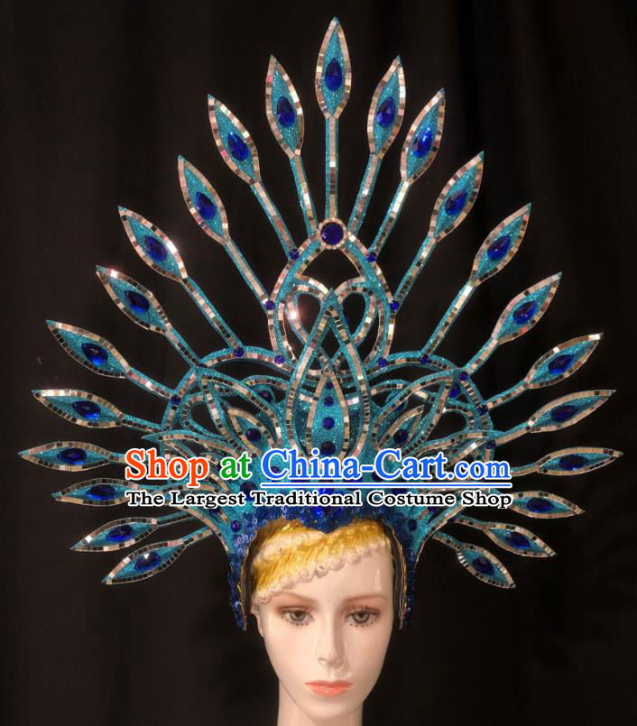 Handmade Rio Carnival Blue Royal Crown Cosplay Queen Deluxe Hair Accessories Halloween Stage Show Hat Brazil Parade Giant Headdress