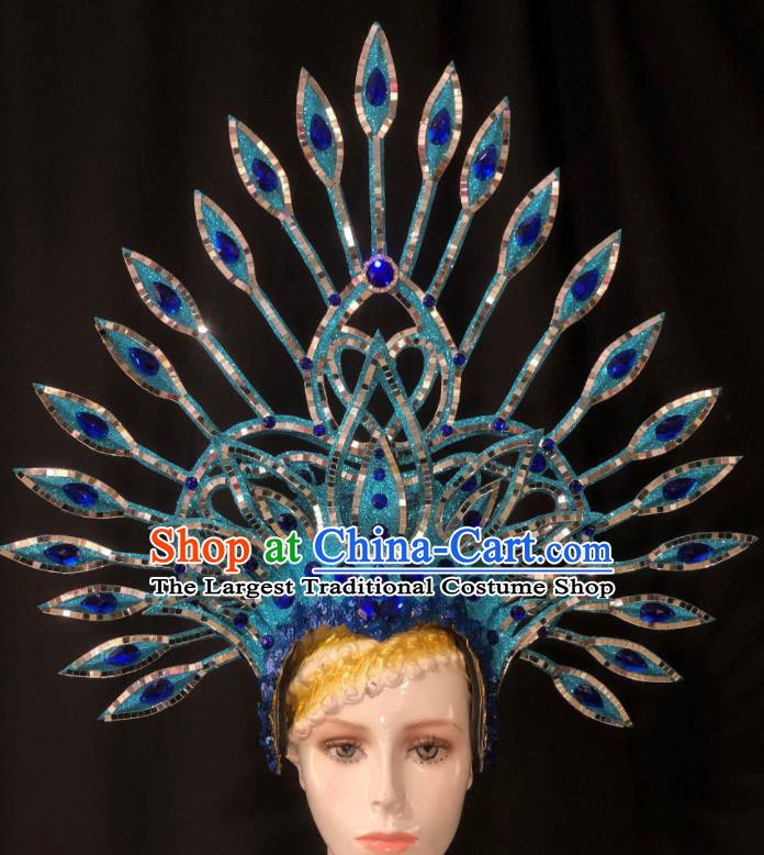 Handmade Rio Carnival Blue Royal Crown Cosplay Queen Deluxe Hair Accessories Halloween Stage Show Hat Brazil Parade Giant Headdress