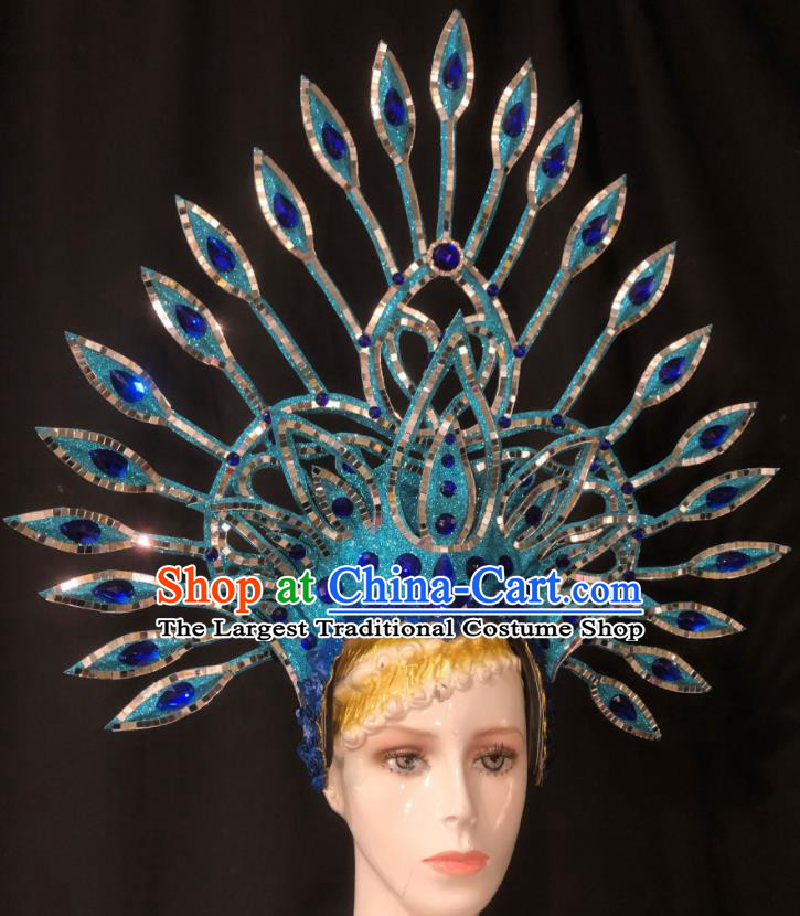 Handmade Rio Carnival Blue Royal Crown Cosplay Queen Deluxe Hair Accessories Halloween Stage Show Hat Brazil Parade Giant Headdress