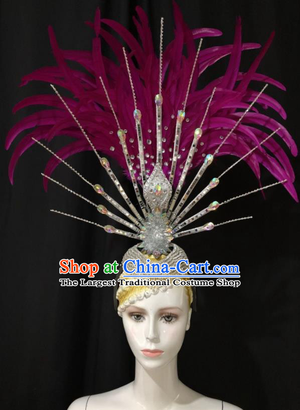 Handmade Samba Dance Hair Accessories Rio Carnival Purple Feather Headwear Stage Show Royal Crown Halloween Cosplay Giant Headpiece