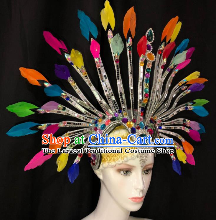 Handmade Rio Carnival Colorful Feather Headdress Stage Show Royal Crown Halloween Cosplay Headpiece Samba Dance Hair Accessories