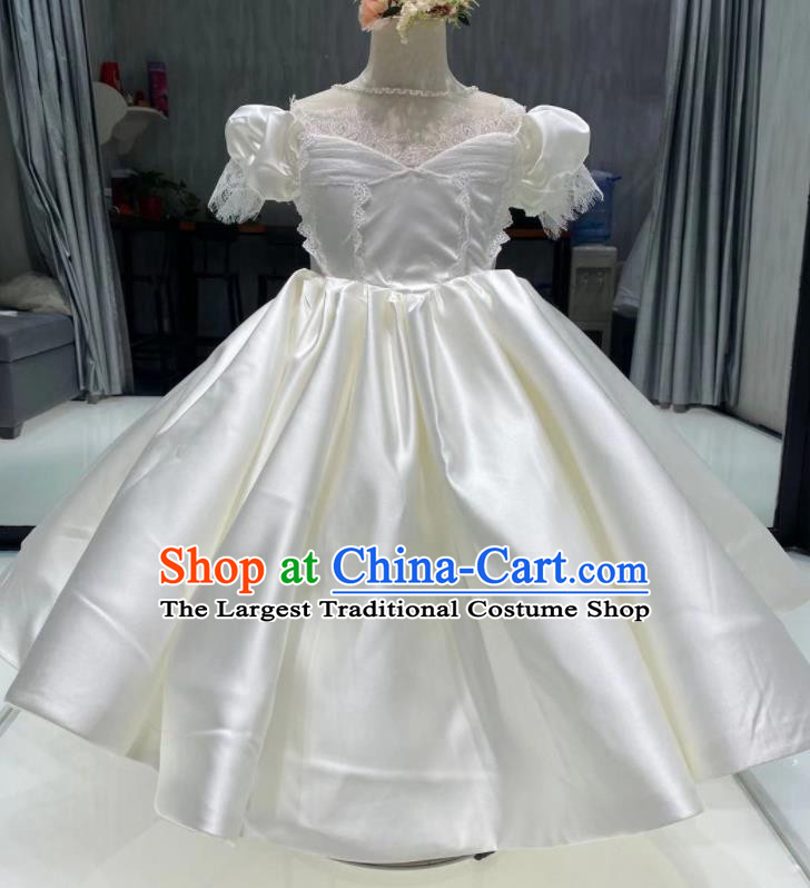 Top Children Stage Performance White Satin Full Dress Catwalks Show Clothing Girl Compere Evening Garment