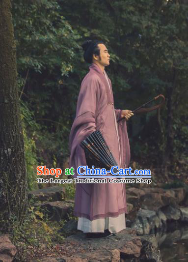 China Traditional Hanfu Cloak Garment Ancient Ming Dynasty Young Male Historical Clothing Purple Silk Mantle