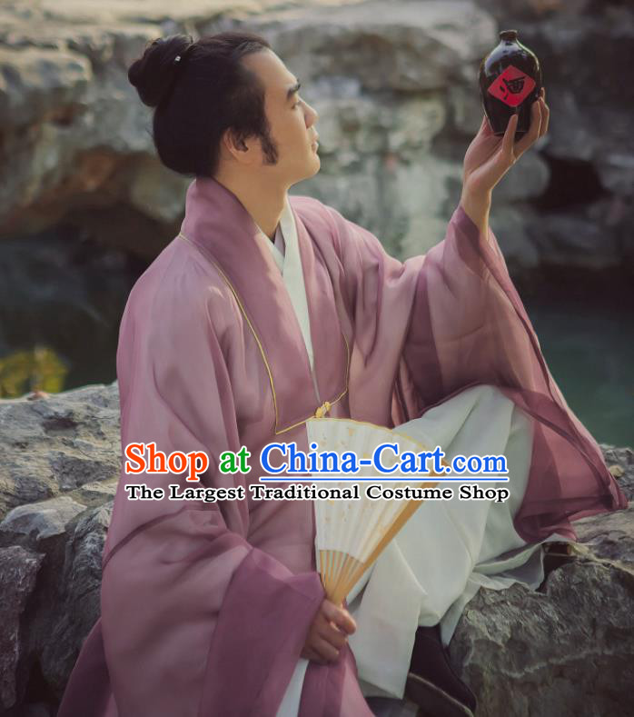 China Traditional Hanfu Cloak Garment Ancient Ming Dynasty Young Male Historical Clothing Purple Silk Mantle