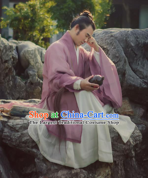 China Traditional Hanfu Cloak Garment Ancient Ming Dynasty Young Male Historical Clothing Purple Silk Mantle