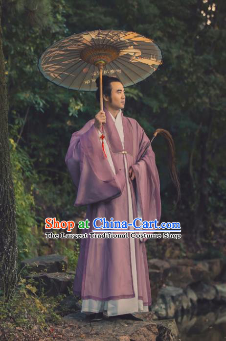 China Traditional Hanfu Cloak Garment Ancient Ming Dynasty Young Male Historical Clothing Purple Silk Mantle