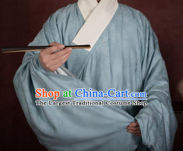 China Ancient Taoist Blue Hanfu Robe Traditional Ming Dynasty Male Scholar Historical Clothing