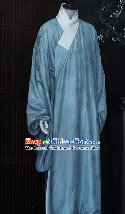 China Ancient Taoist Blue Hanfu Robe Traditional Ming Dynasty Male Scholar Historical Clothing