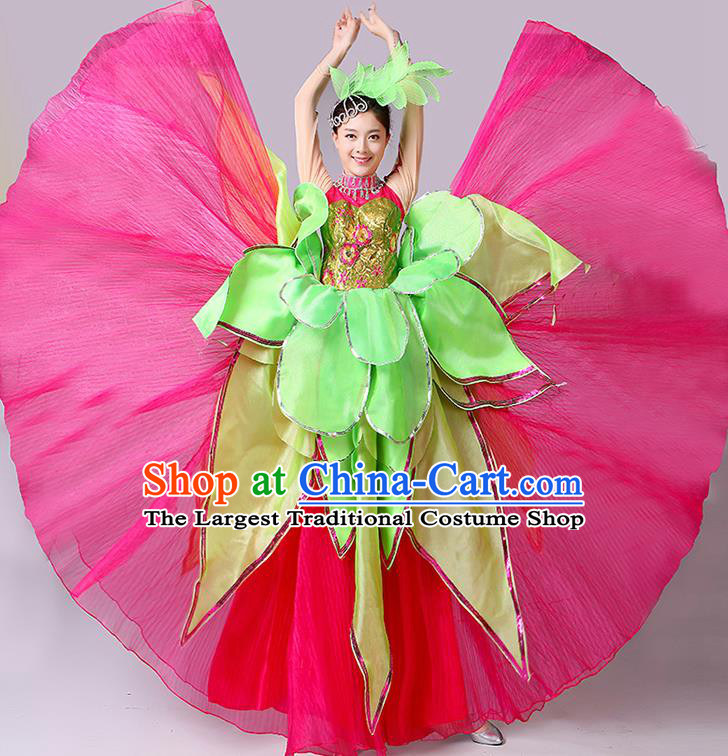 Professional China Spring Festival Gala Lotus Dance Rosy Dress Woman Group Dance Fashion Modern Opening Dance Clothing