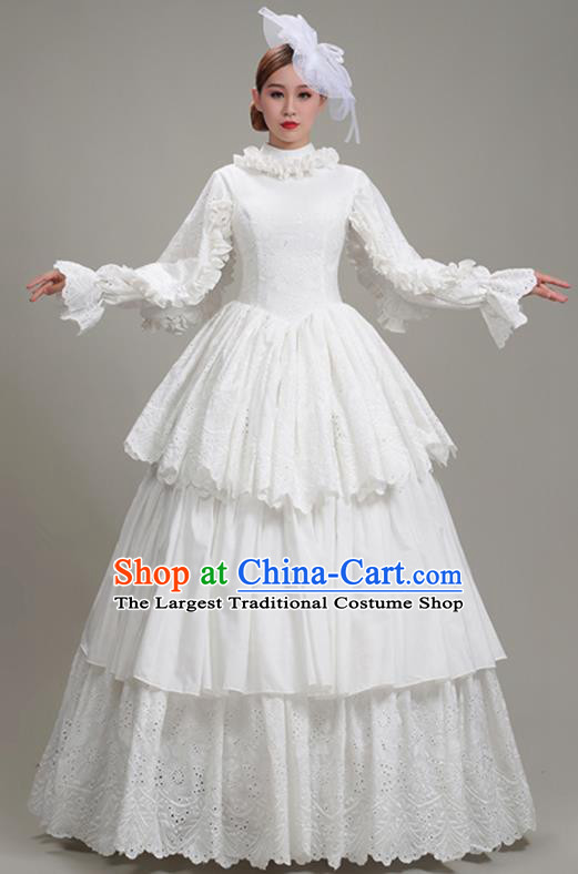 Custom European Noble Lady White Lace Dress Western Medieval Age Clothing Europe Vintage Full Dress Court Fashion