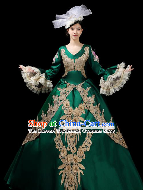 Custom European Medieval Green Full Dress Drama Performance Fashion Woman Catwalks Dress Europe Countess Clothing