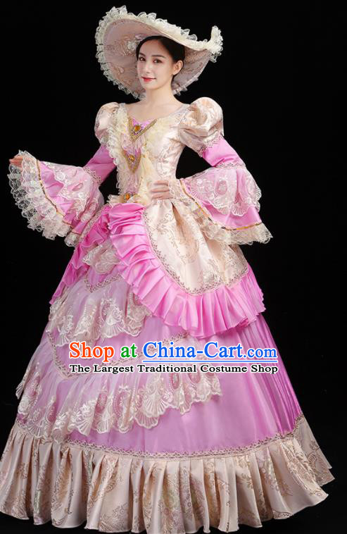 Custom Western Woman Catwalks Dress Europe Noble Lady Clothing European Medieval Rosy Full Dress Opera Performance Vintage Fashion