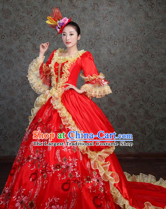 Custom Catwalks Red Satin Trailing Full Dress European Medieval Vintage Dress Western Stage Opera Fashion Europe Noble Lady Clothing