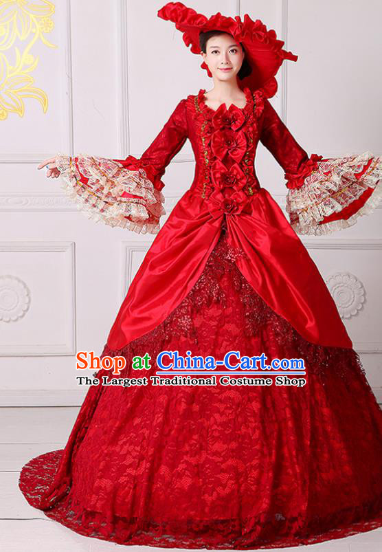 Custom Western Vintage Fashion Europe Royal Princess Clothing Catwalks Red Lace Trailing Full Dress European Queen Dress