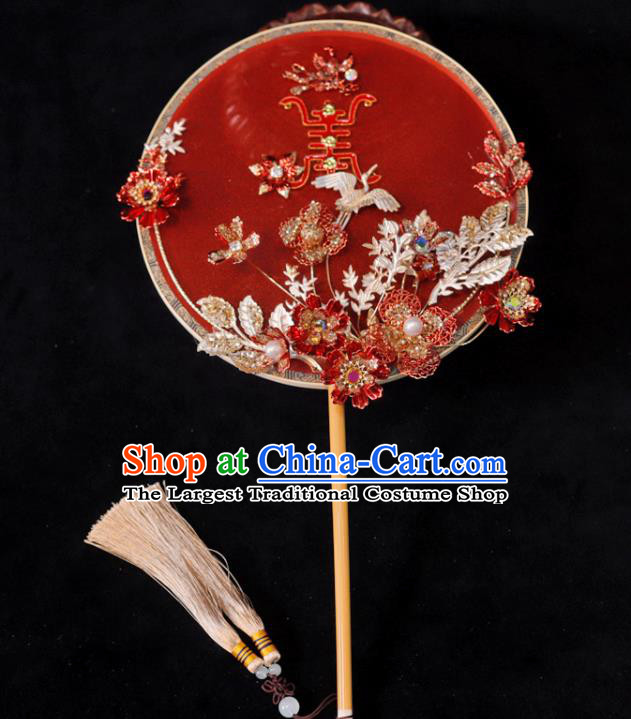 Handmade China Wedding Fan Ancient Bride Circular Fan Traditional Red Silk Fan Classical Dance Palace Fan