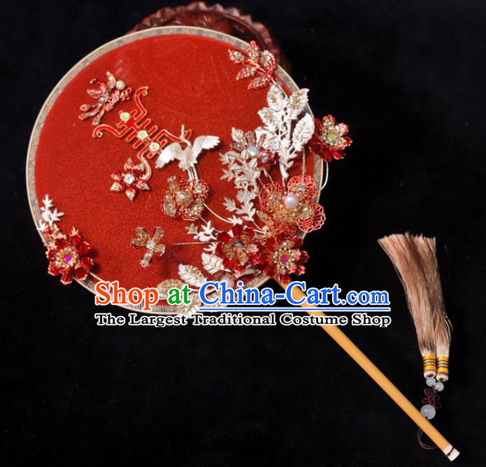 Handmade China Wedding Fan Ancient Bride Circular Fan Traditional Red Silk Fan Classical Dance Palace Fan