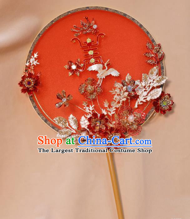 Handmade China Wedding Fan Ancient Bride Circular Fan Traditional Red Silk Fan Classical Dance Palace Fan