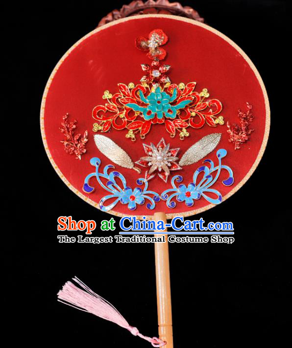 Handmade China Classical Dance Palace Fan Wedding Fan Ancient Bride Circular Fan Traditional Red Silk Fan