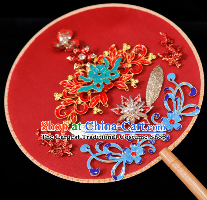 Handmade China Classical Dance Palace Fan Wedding Fan Ancient Bride Circular Fan Traditional Red Silk Fan