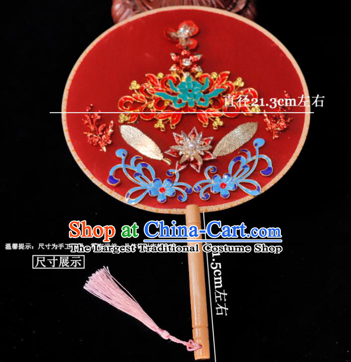 Handmade China Classical Dance Palace Fan Wedding Fan Ancient Bride Circular Fan Traditional Red Silk Fan