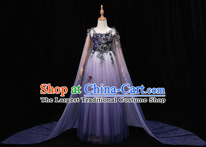 Top Christmas Princess Fashion Garment Children Stage Show Formal Clothing Girl Catwalks Purple Cape Evening Dress