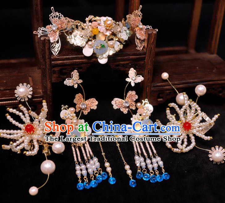 Chinese Ancient Bride Pearls Hairpins and Hair Comb Classical Wedding Hair Accessories Xiuhe Suits Headpieces Handmade Headdress