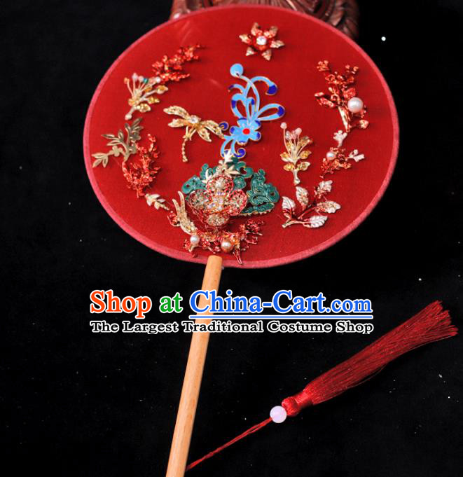 Handmade China Traditional Red Silk Fan Classical Dance Palace Fan Wedding Cloisonne Fan Ancient Bride Circular Fan