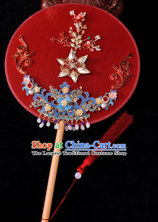 Handmade China Wedding Red Fan Ancient Bride Circular Fan Traditional Silk Fan Classical Dance Palace Fan