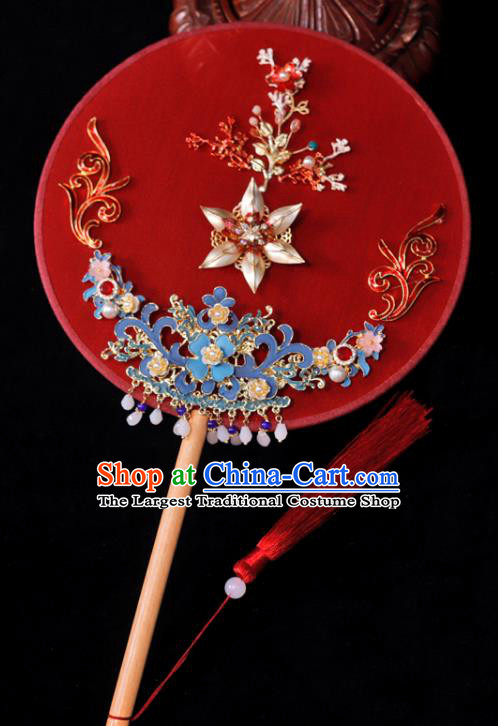 Handmade China Wedding Red Fan Ancient Bride Circular Fan Traditional Silk Fan Classical Dance Palace Fan