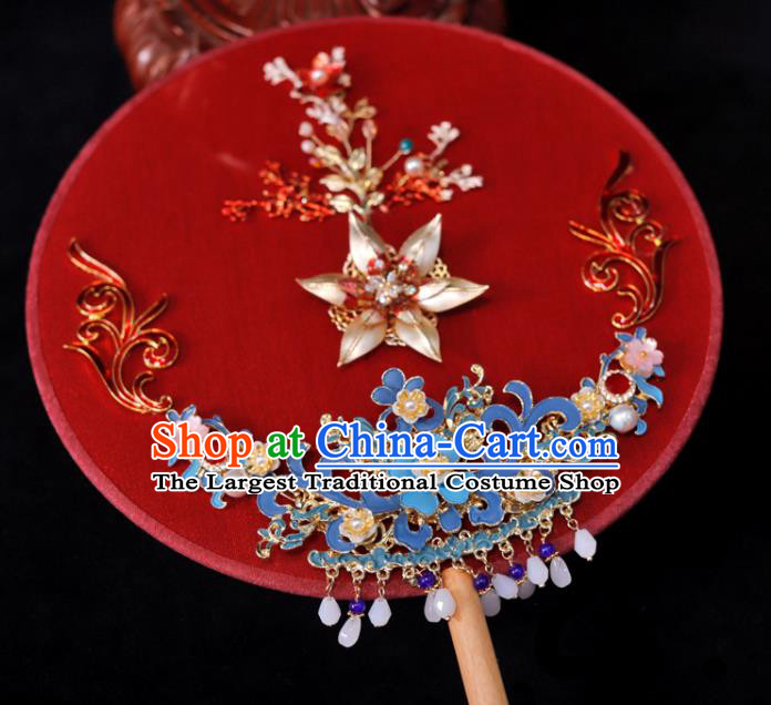 Handmade China Wedding Red Fan Ancient Bride Circular Fan Traditional Silk Fan Classical Dance Palace Fan