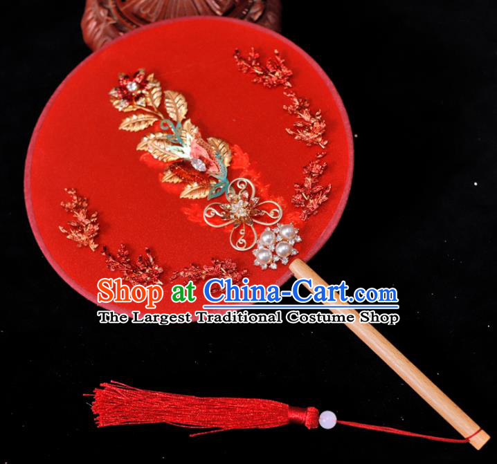 Handmade China Traditional Red Silk Fan Classical Dance Palace Fan Wedding Circular Fan Ancient Bride Fan