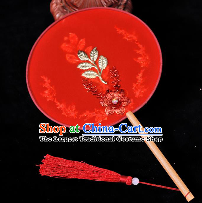 Handmade China Traditional Red Silk Fan Classical Dance Palace Fan Wedding Circular Fan Ancient Bride Fan