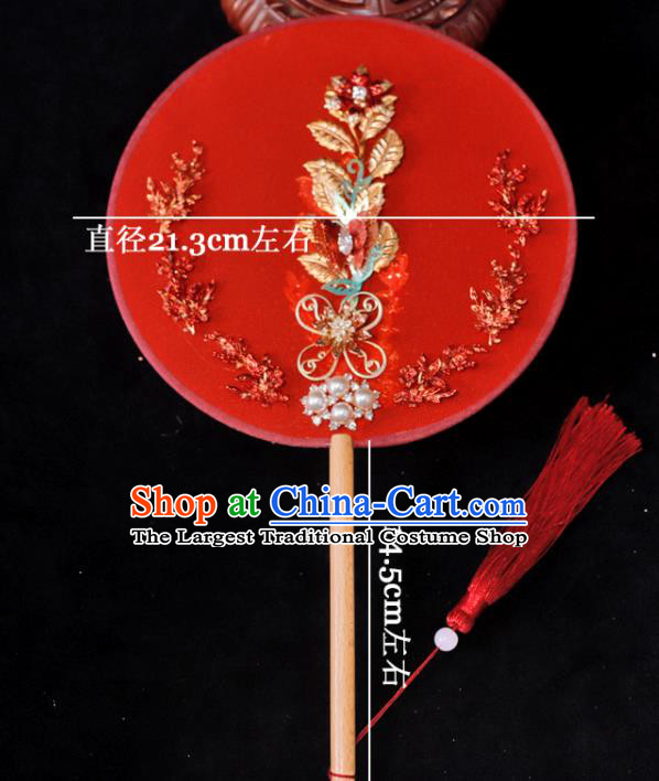 Handmade China Traditional Red Silk Fan Classical Dance Palace Fan Wedding Circular Fan Ancient Bride Fan