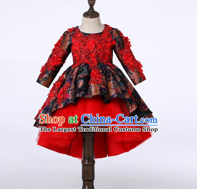 Top Girl Catwalks Red Lace Flowers Bubble Evening Dress Christmas Princess Dance Fashion Garment Children Stage Show Formal Clothing