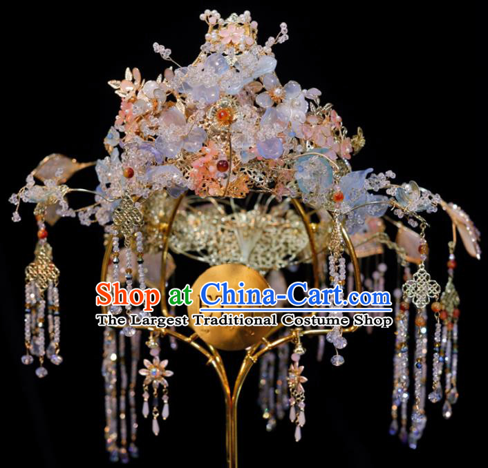 Chinese Classical Hair Accessories Xiuhe Suits Phoenix Coronet Handmade Wedding Headdress Ancient Bride Blue Flowers Hair Crown