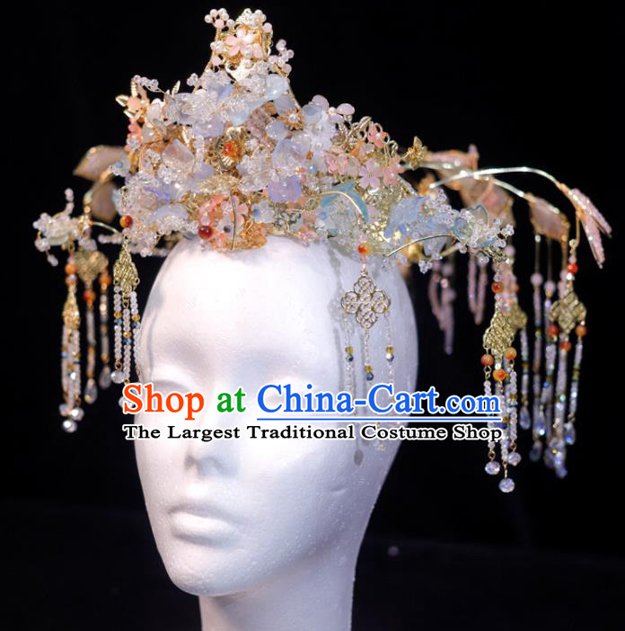 Chinese Classical Hair Accessories Xiuhe Suits Phoenix Coronet Handmade Wedding Headdress Ancient Bride Blue Flowers Hair Crown