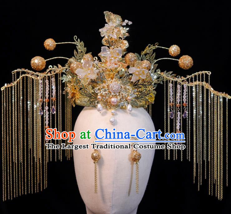 Chinese Ancient Bride Golden Tassel Hair Crown Classical Hair Accessories Xiuhe Suits Phoenix Coronet Handmade Wedding Headdress