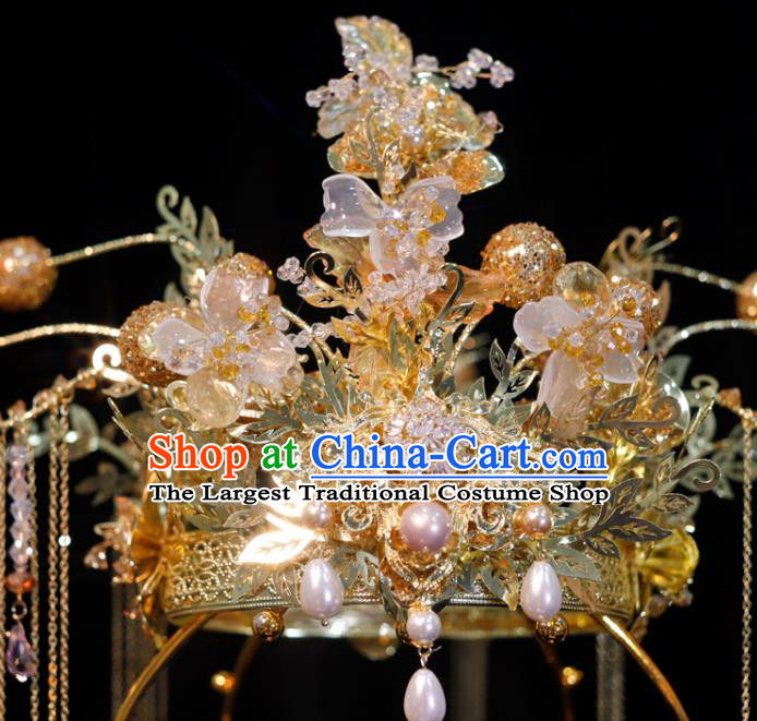 Chinese Ancient Bride Golden Tassel Hair Crown Classical Hair Accessories Xiuhe Suits Phoenix Coronet Handmade Wedding Headdress