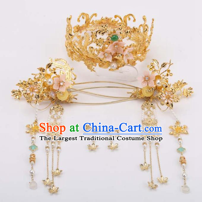 Chinese Handmade Wedding Headdress Ancient Bride Golden Hair Crown and Tassel Hairpins Classical Hair Accessories Xiuhe Suits Phoenix Coronet