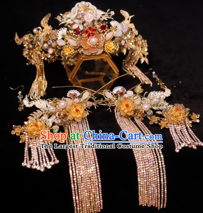 Chinese Ancient Bride Hair Crown and Tassel Hairpins Xiuhe Suits Headdress Handmade Phoenix Coronet Classical Wedding Hair Accessories