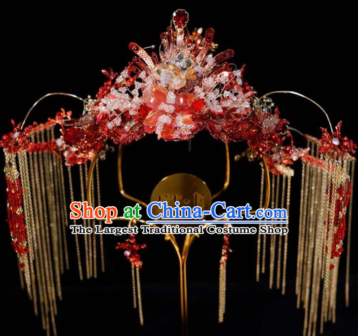 Chinese Ancient Bride Red Hair Crown Wedding Tassel Phoenix Coronet Classical Headpieces Handmade Hair Accessories
