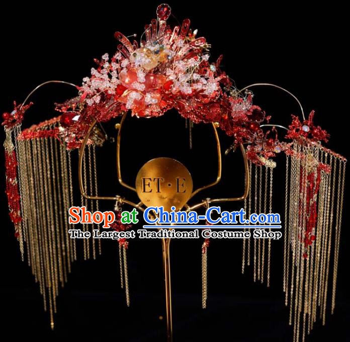 Chinese Ancient Bride Red Hair Crown Wedding Tassel Phoenix Coronet Classical Headpieces Handmade Hair Accessories