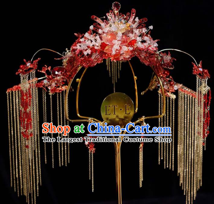 Chinese Ancient Bride Red Hair Crown Wedding Tassel Phoenix Coronet Classical Headpieces Handmade Hair Accessories