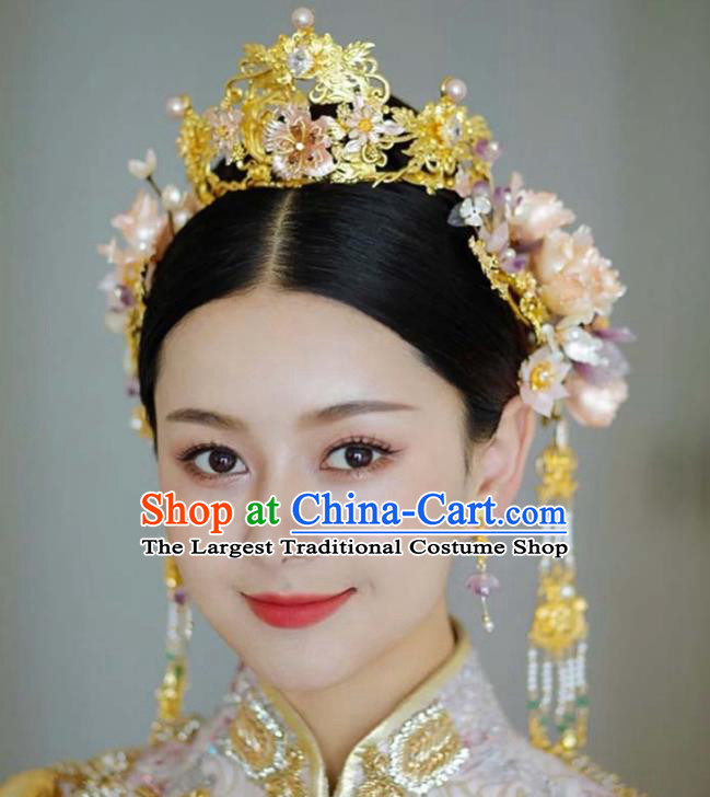 Chinese Classical Flowers Hairpins XiuHe Headpieces Handmade Wedding Hair Accessories Ancient Bride Golden Hair Crown
