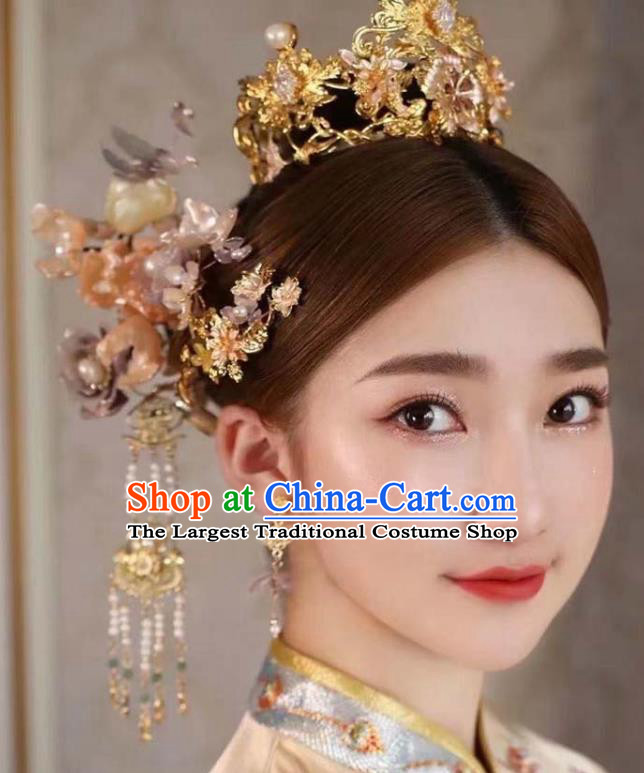 Chinese Classical Flowers Hairpins XiuHe Headpieces Handmade Wedding Hair Accessories Ancient Bride Golden Hair Crown