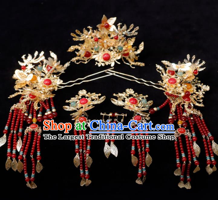 Chinese Ancient Bride Golden Hair Comb Classical Red Beads Tassel Hairpins XiuHe Headpieces Handmade Wedding Hair Accessories