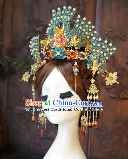 Chinese Wedding Hair Accessories Ancient Bride Enamel Phoenix Coronet Classical Amethyst Hairpins Handmade Qing Dynasty Queen Headdress