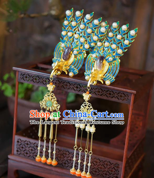 Chinese Classical Amethyst Hair Stick Handmade Qing Dynasty Queen Headpiece Wedding Hair Accessories Ancient Bride Enamel Phoenix Hairpin