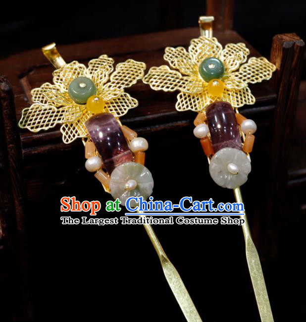 Chinese Ancient Bride Golden Peony Hairpin Classical Amethyst Jade Hair Stick Handmade Qing Dynasty Queen Headpiece Wedding Hair Accessories